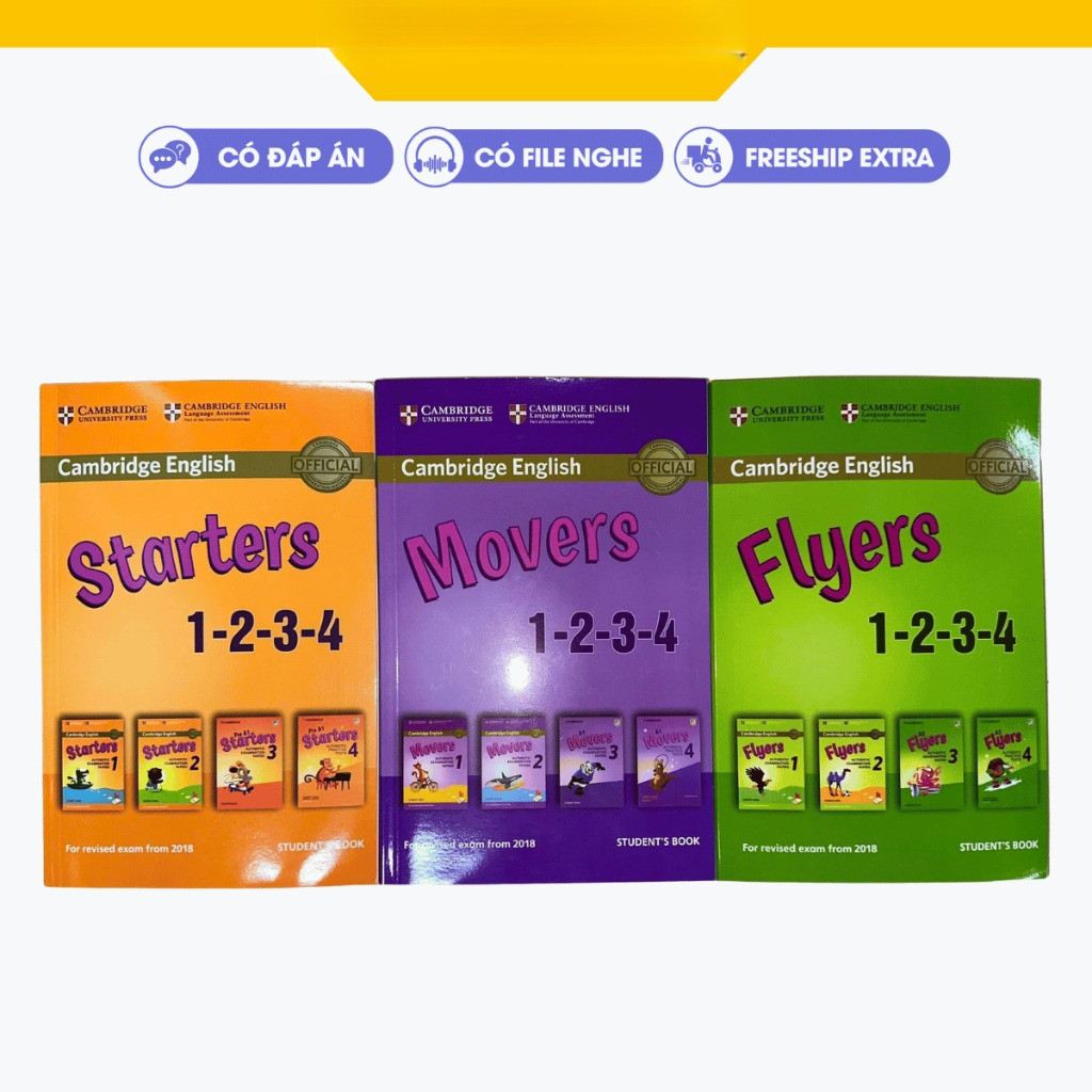 Aha - Sách tiếng anh - Bộ đề thi starters, movers, flyers in gộp 1234 in màu đẹp có file nghe đáp án