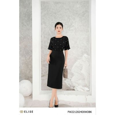 Đầm vân đen đính hạt trai thiết kế Elise FW2212024DIWOBK