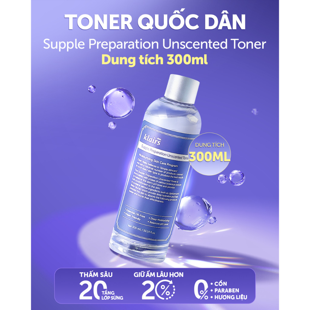 Nước hoa hồng Dear, Klairs Supple Preparation Unscented Toner hỗ trợ cấp ẩm 300ml [FS] | BigBuy360 - bigbuy360.vn