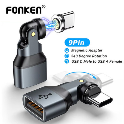 Bộ chuyển đổi từ tính Fonken USB Female sang Type-C Male 540° Bộ chuyển đổi xoay 9Pin 3A OTG cho điện thoại Laptop