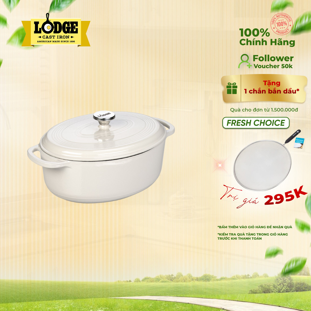 Lodge - Nồi gang oval phủ men màu trắng - 6.6L