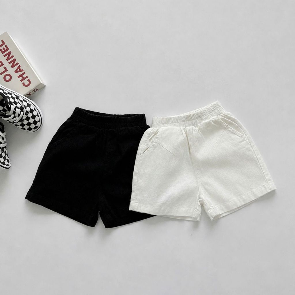 Quần sooc đùi linen kaki mềm bé trai bé gái unisex có túi màu đen trắng be BERNIE x SIRI 7-28kg