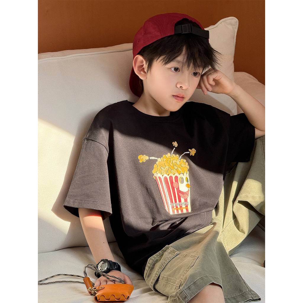 LWLI New Summer Printed Children's Short-Sleeve Casual Loose-Fit T-Shirt for Boys and Girls Popcorn 