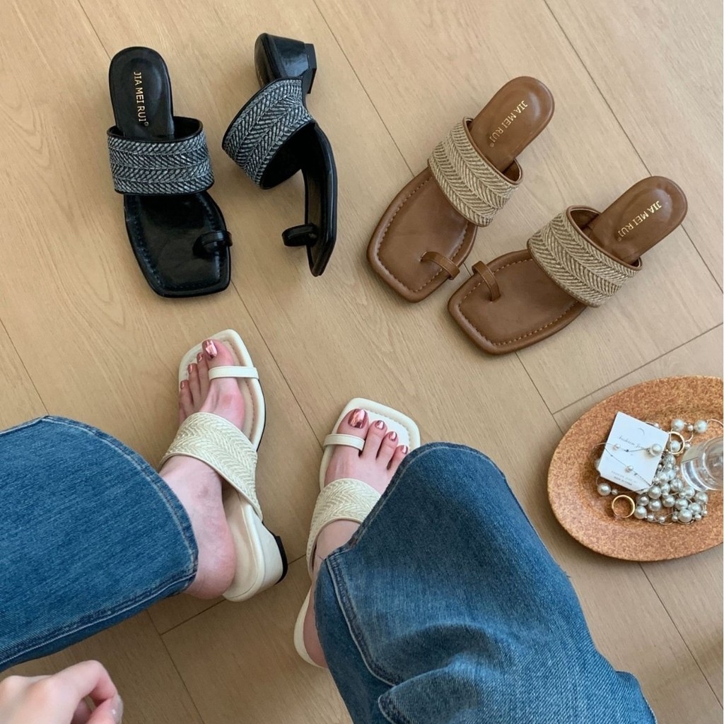 [Lamode] Giày Nữ Thời Trang Retro Thời Trang Dệt Flip-Flops Nữ 100 Váy Phù Hợp Với Mũi Vuông Dày Bao