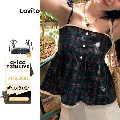 (LIVE STREAM SALE) Lovito Phong cách thường ngày Áo ba lỗ buộc dây cổ bèo nhún kẻ caro giản dị dành cho nữ L104ED086