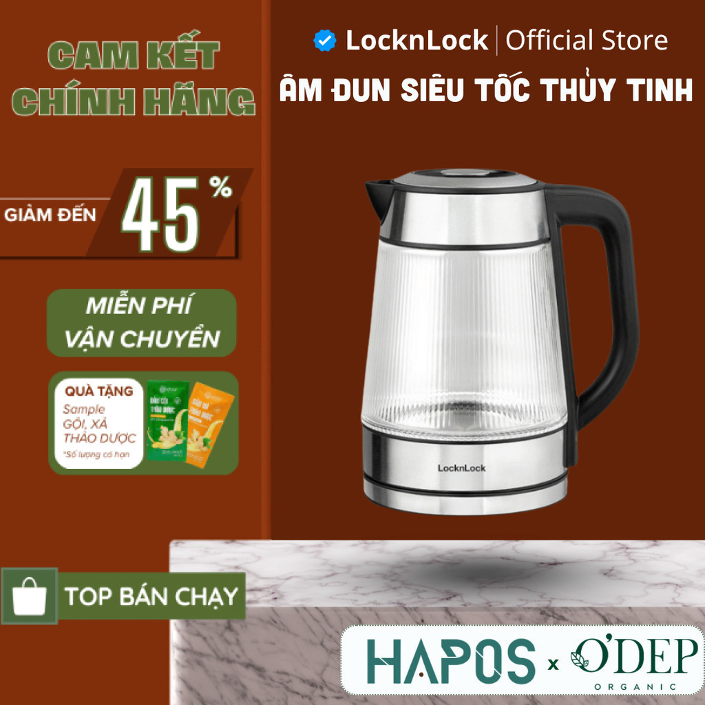 Âm đun siêu tốc thủy tinh LocknLock thép không gỉ có lưới lọc và đèn Led 1.8L EJK256BLK - HAPOS LOF
