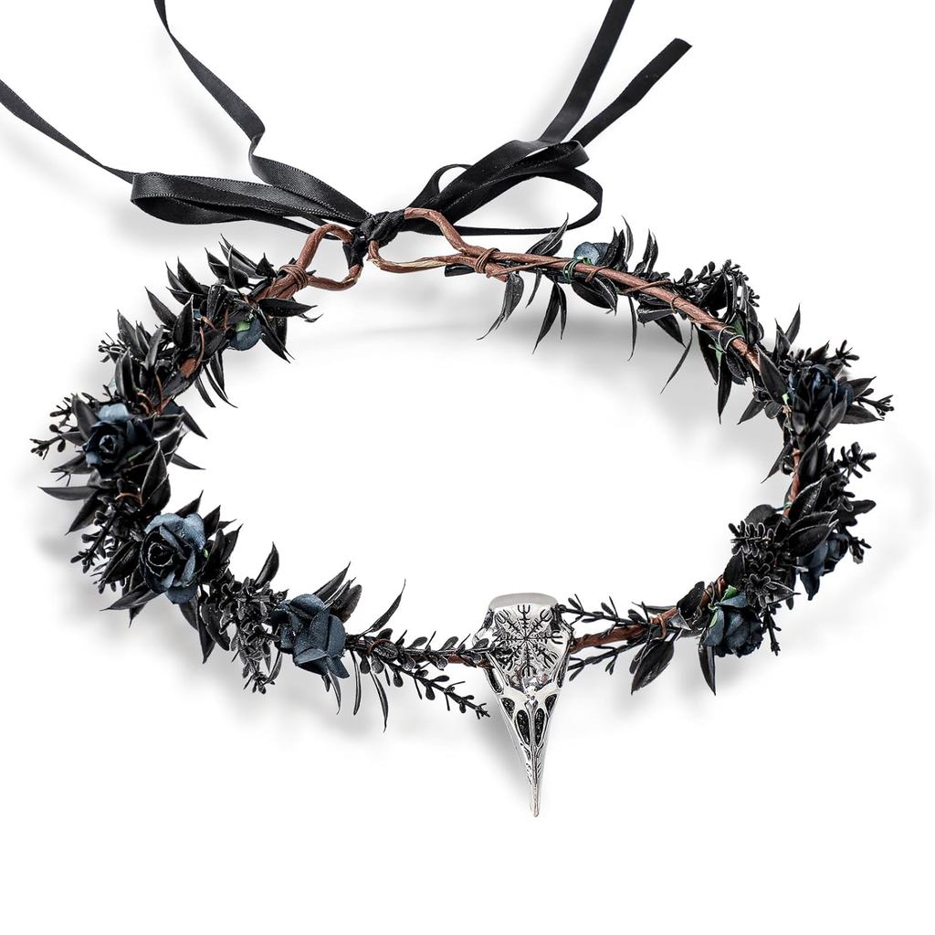 Landical Black Raven Feather Crown Gothic Elf Circlet với Raven Skull Moon Tiara cho Halloween Cospl