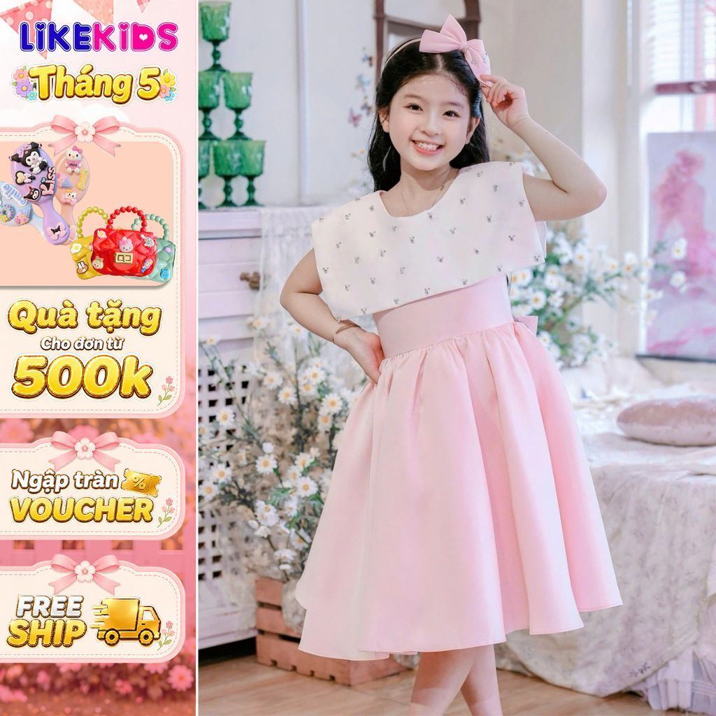 Đầm công chúa cho bé gái kiểu dáng CỔ VUÔNG ĐÍNH T38 thiết kế tay chân váy xoè tiểu thư - Likekids