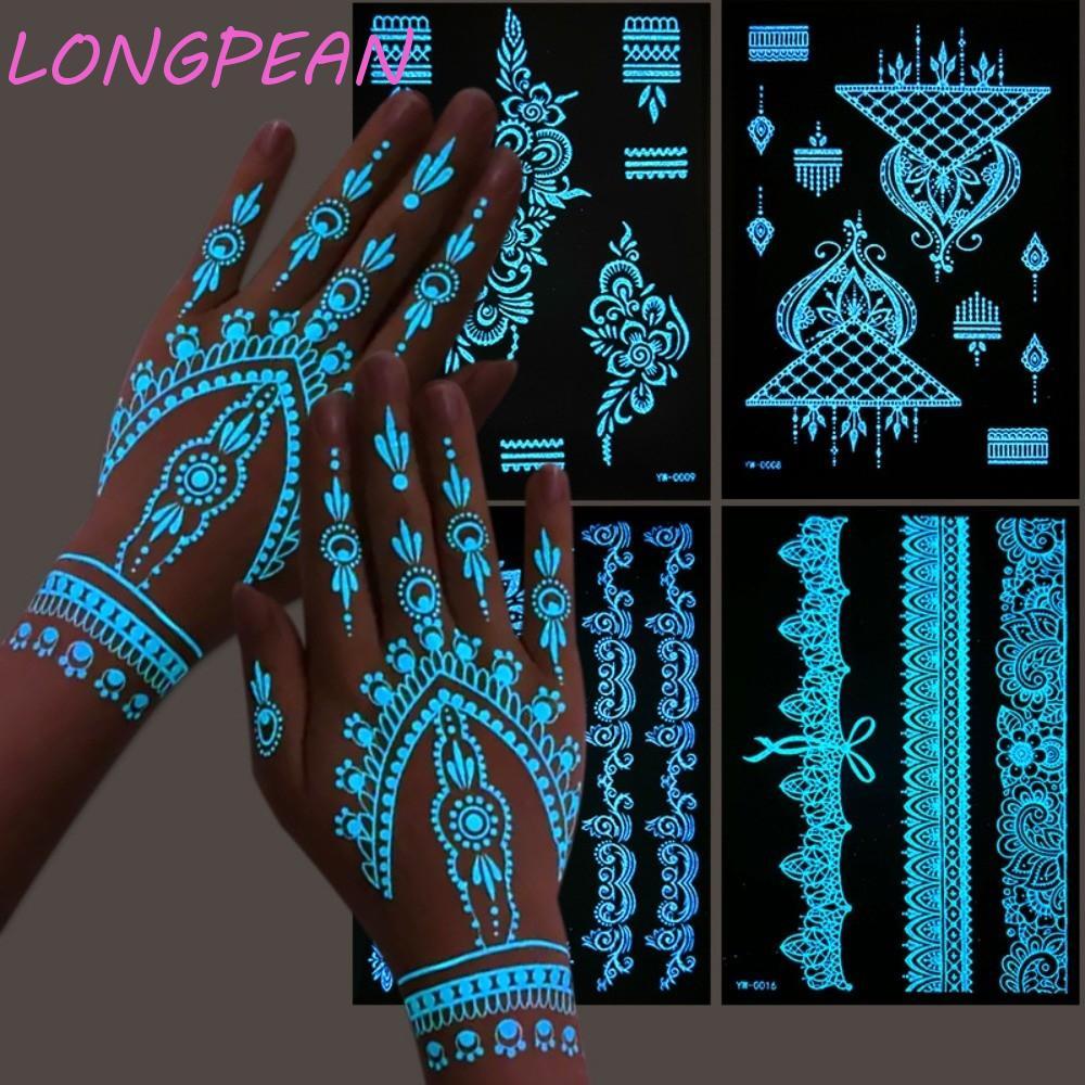 LONGPEAN Dạ Quang Henna Hình Xăm Miếng Dán, Chân Trắng Cánh Tay Henna Trắng Đề Can Hình Xăm, Ren Hen