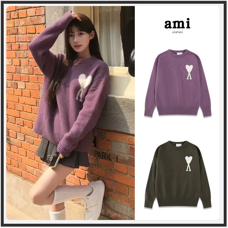 TTK1 A*M* New classic jacquard sweater with large heart pattern, round neck sweater, versatile turtl