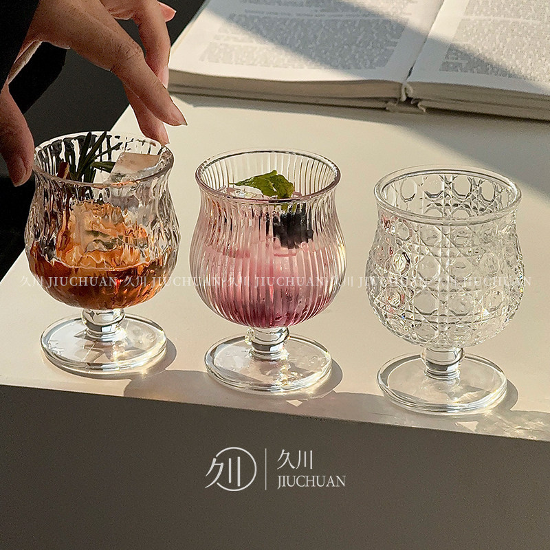 [Cốc giảm giá] ins Phong cách Retro Cốc nước thủy tinh ngắn-Footed Cup Whisky Fruit Sweet Cup Hot Re