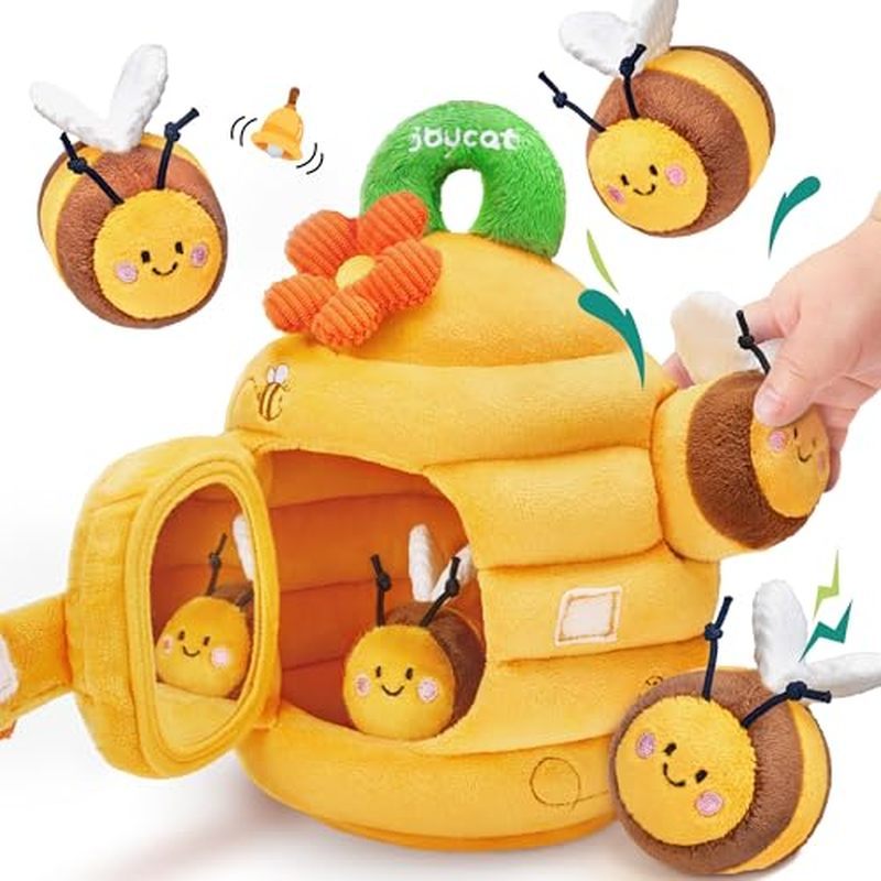 Old Baby Toys, Flower Beehive with 5 Stuffed Sensory Bees, Crinkle, Rattle, Mirror, Montessori Toys 