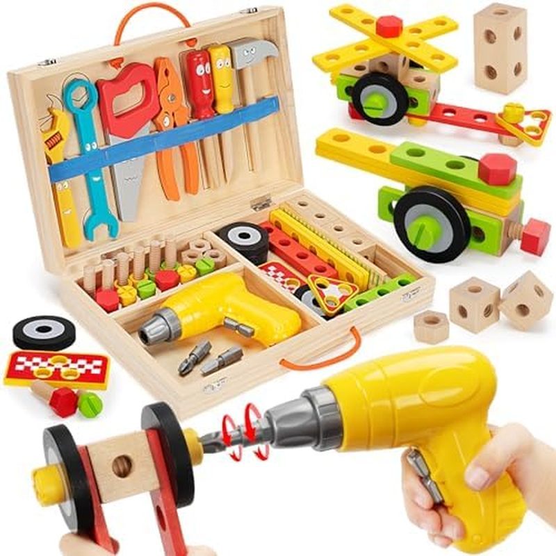 ol Set with Electric Drill, 46 Pcs Wooden Toddler Play Tools Set with Tool Box, Montessori STEM Educ