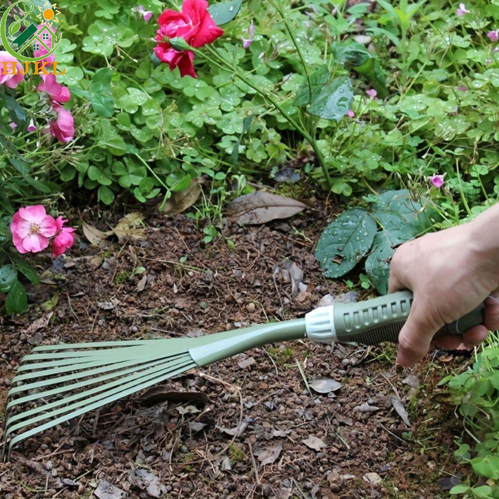 HJKL 9Teeth Garden Rake, 15.5 Inch Comfort Grip Grass Rake, Garden Fork Iron Bền Green Hand Rake Hom