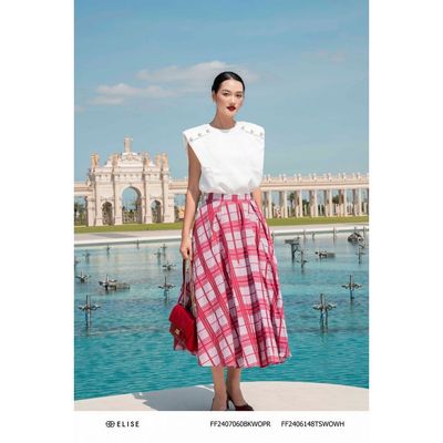 Chân váy thô kẻ đỏ xếp ly súp thiết kế Elise FF2407060BKWOPR