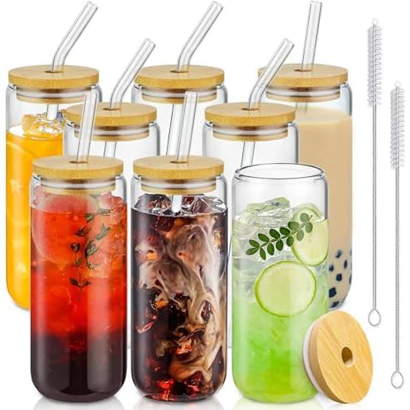 SENTVEND 20 Oz Drinking Glasses with Bamboo Lids and Glass Straw - 8 Pcs Glass Cups Beer Ice Coffee 