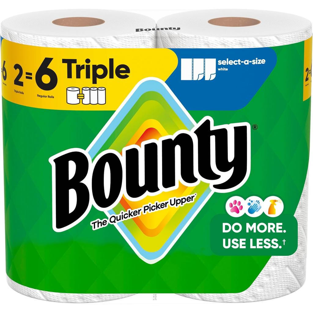 Khăn giấy Bounty Select-A-Size, Trắng, 2 cuộn ba = 6 cuộn thông thường