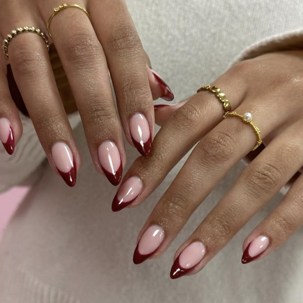 KQueenest Burgundy Red French Tip Press On Nails Hạnh nhân ngắn, Acrylic Press On Nails With Glue, M