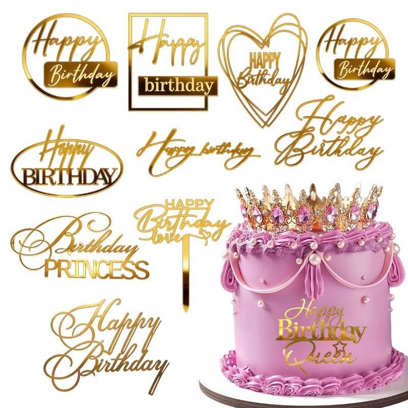 Mirror Gold "Happy Birthday" & "Birthday Princess / Queen" Acrylic Cake Topper Set