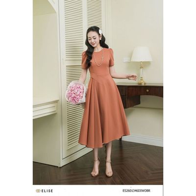 Đầm tuytsy nâu cam xếp ly eo thiết kế Elise mã ES2601346DIWOBR