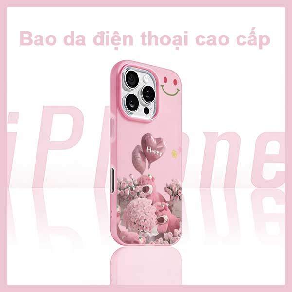 Ốp Lưng iPhone Gấu Hồng Bong Bóng Tim Hoa Hồng Dễ Thương  iP 11/12/13/14/15/16/17/Plus/Pro/Max