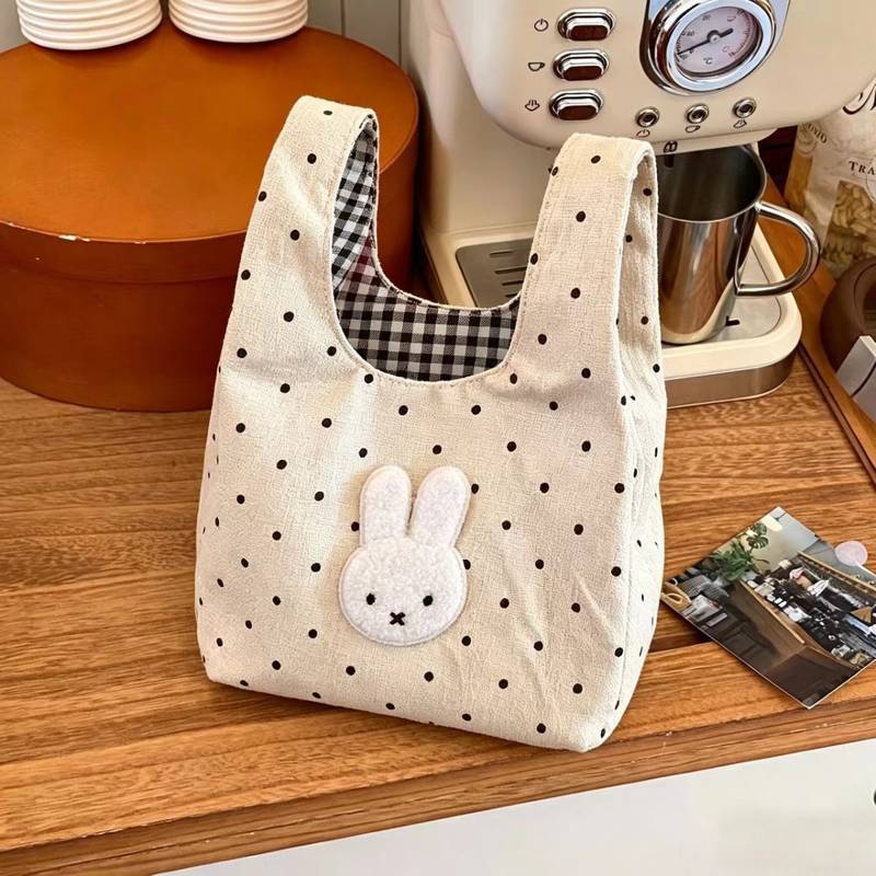 Cute Miffy Polka Dot Embroidery Wrist Bag Portable All-Match Outing Fresh Plaid Cosmetic Bag Storage
