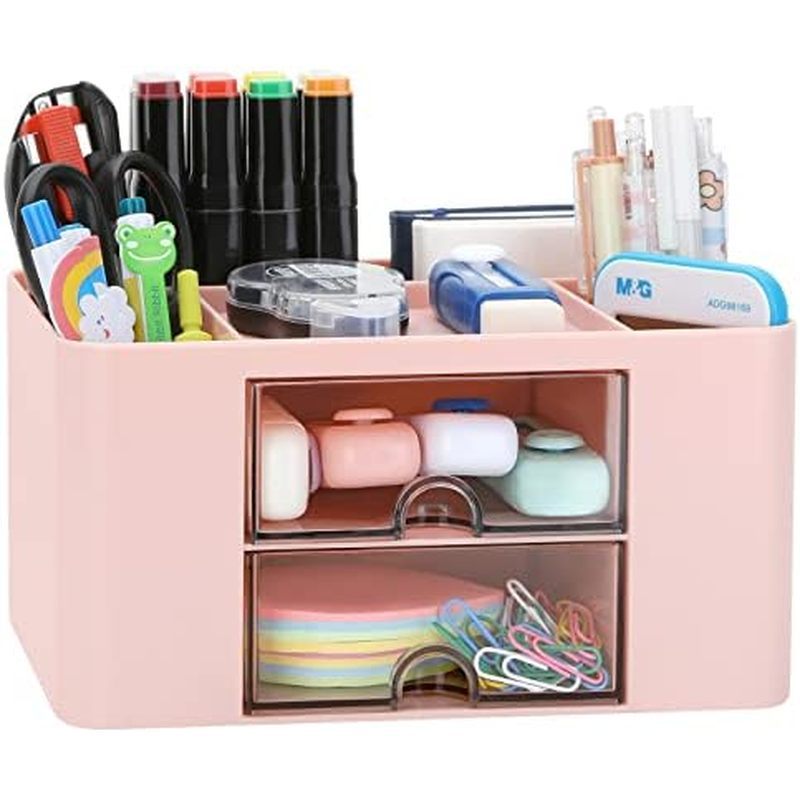 Desk Organizer with 2 Drawer, Plastic Desktop Pen Pencil Card Holder Storage Box for Desk, Office Su