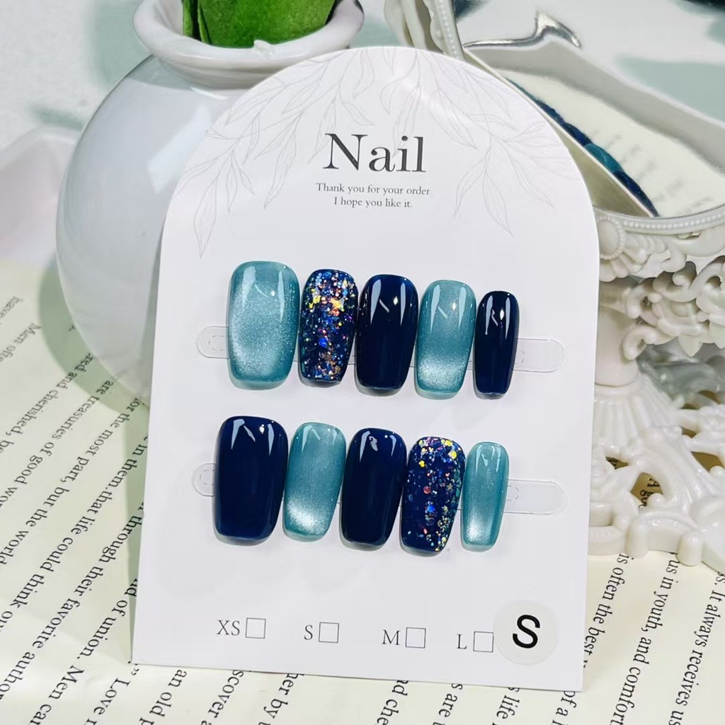 [Hàng có sẵn] Handmade Heavy Craft Blue Cat Eye Press on Nails Galaxy