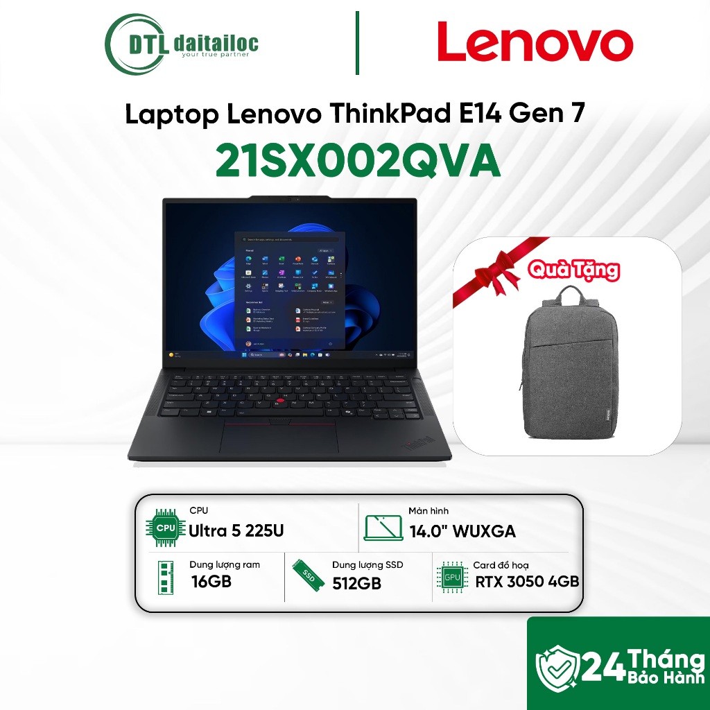Laptop Lenovo ThinkPad E14 Gen 7 Ultra 5 225U 16GB 512GB SSD 14.0" WUXGA No OS ĐEN 21SX002QVA Tặng B