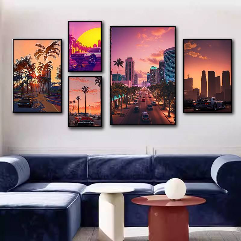 GTA Los Angeles West Coast City Tranh Canvas Chống Thấm Nước Không Khung, Phong Cách Mỹ R Ngôi Sao N