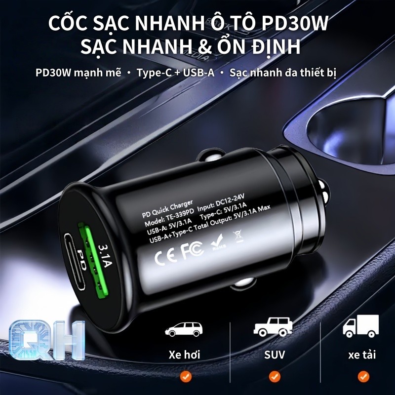 Cốc sạc nhanh ô tô PD30W Type-C USB-A hỗ trợ sạc nhanh PD QC3.0 cho iPhone Samsung Xiaomi Huawei OPP