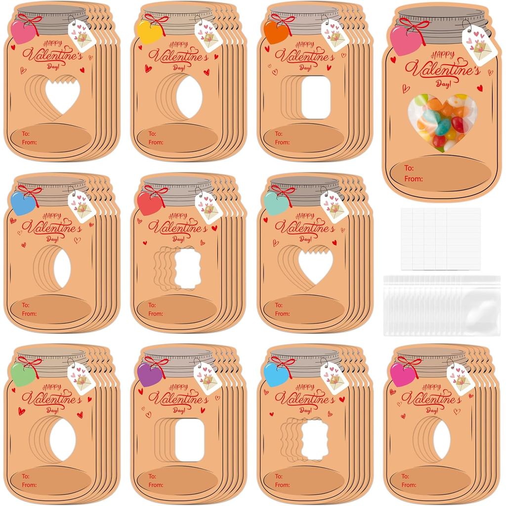 TICIAGA Mason Jar Thiệp Ngày Lễ Tình Nhân - 50 Gói Mason Jar Valentine Thẻ Trao Đổi Với Túi Trị Số L