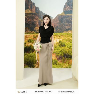 Chân váy satin ghi sáng dây nơ eo thiết kế Elise ES2505159BKSIGR