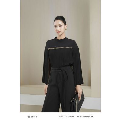 Áo đen phối chiffon dập ly xích ngực thiết kế Elise FS2411135TSWOBK