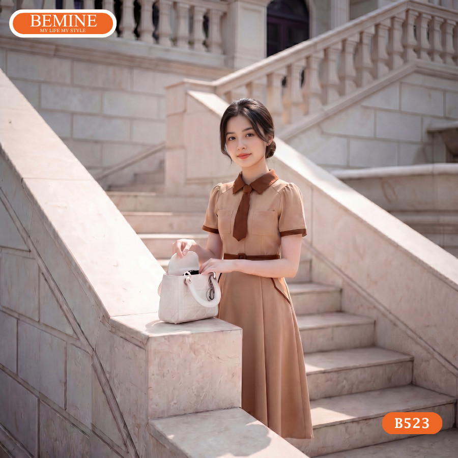 Đầm thiết kế BEMINE cổ đức phối cavat dáng chữ A phù hợp đi làm-B523