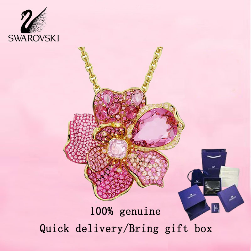 Swarovski  Women's fashion necklace Gold plated Pave, Flowers, Pink Crystal Gemstones 5652068 Idylli