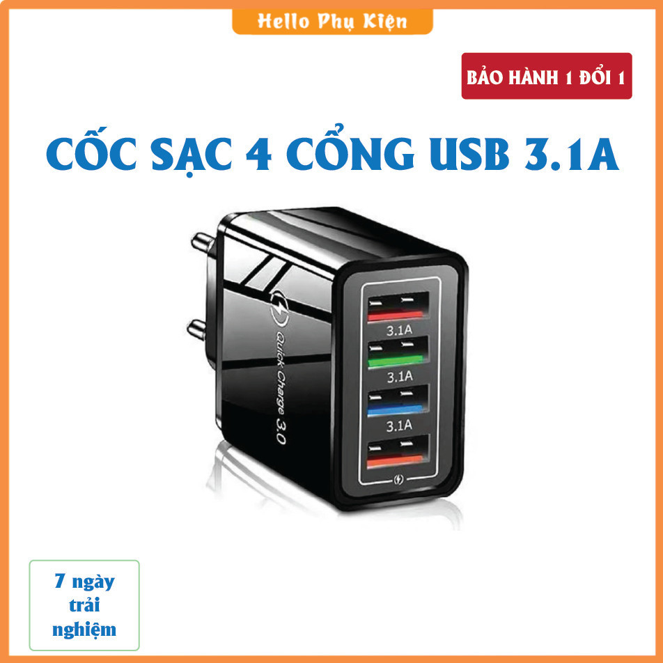 Củ sạc đa năng 4 cổng USB 3.1A, Củ sạc điện thoại 4 cổng, Cốc sạc nhanh 4 USB, Củ sạc nhanh 4 cổng ,