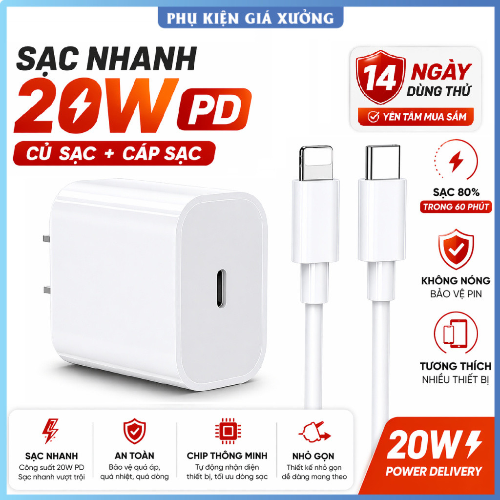 Bộ sạc nhanh 20W PD cho 5 - 14PRM (củ sạc + cáp sạc). Sạc 60p lên 80% Pin - Cốc sạc Type C, Dây sạc 20W sạc siêu nhanh