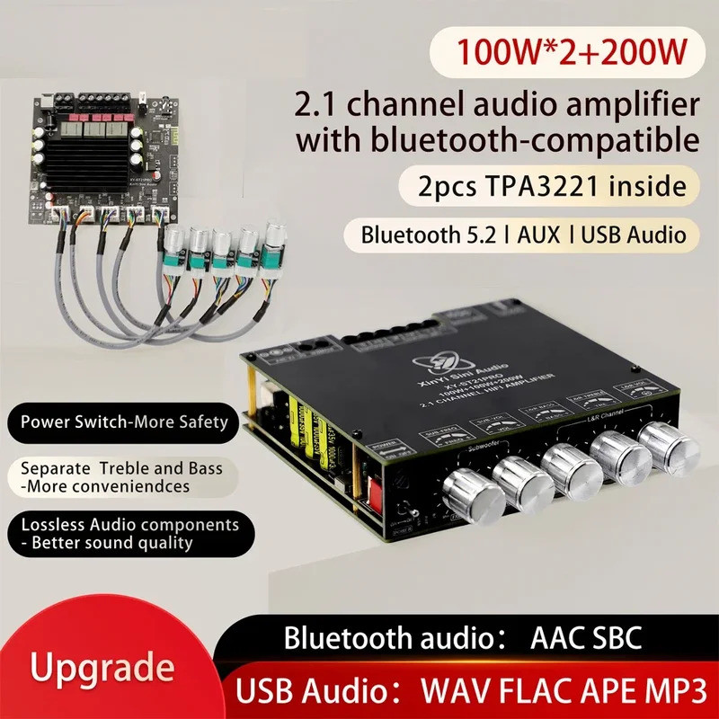 2 * 100W + 200W TPA3221 Bảng khuếch đại công suất Bluetooth 2.1 Ch Class D Thẻ âm thanh USB Loa siêu