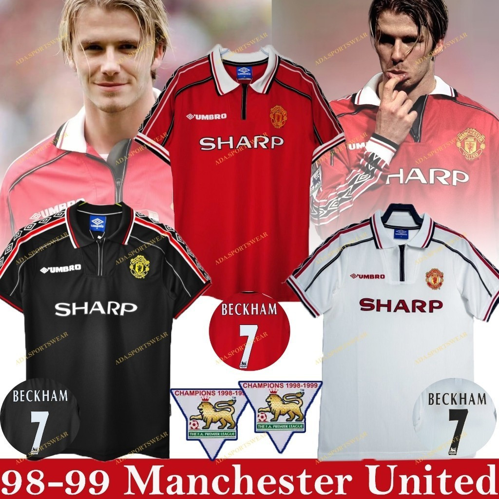 Retro 1998 1999 Nam MU Home BECKHAM 7 Đỏ, Trắng, Đen Áo Bóng Đá Cá Tính Áo Thun Cho