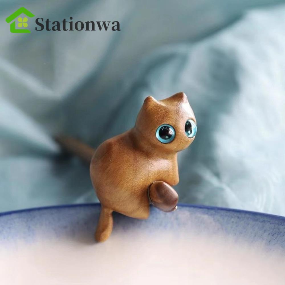STATIONWA Blackwood Kitty Hair Stick, Mũ lưỡi trai bằng gỗ đàn hương kẹp tóc mèo, Cổ điển hình chữ U