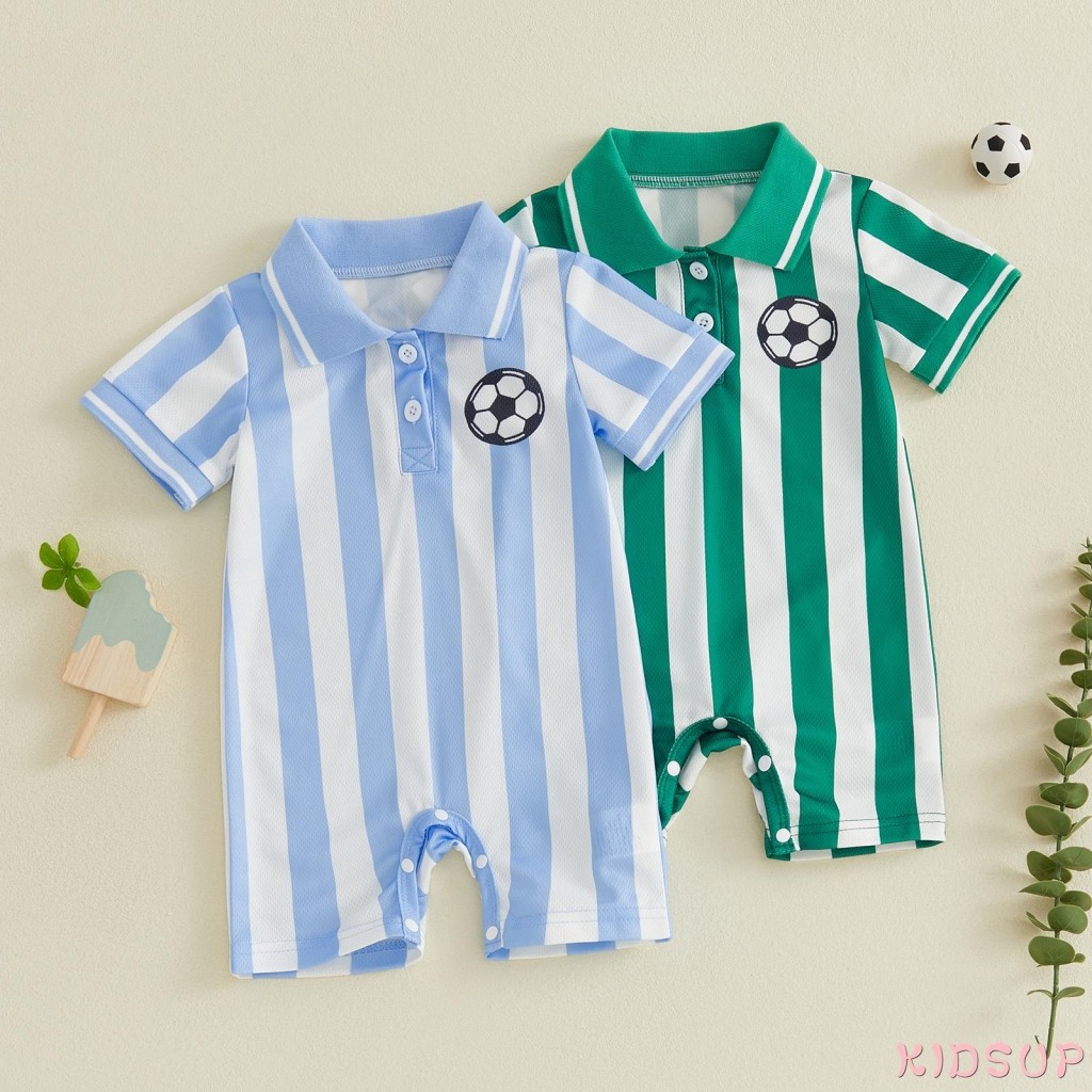 KIDSUP1-Baby Áo liền quần bóng đá sọc in bóng đá tay ngắn nửa nút có cổ áo liền quần cho trẻ sơ sinh
