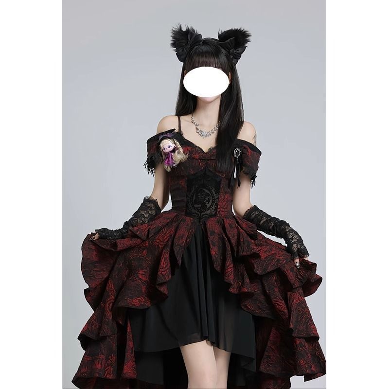 Gothic lolita Đen Đỏ Jacquard Sóng Đầm lolita Công Nghiệp Nặng Nhẹ Sang Trọng Một Vai Puffy Đầm Công