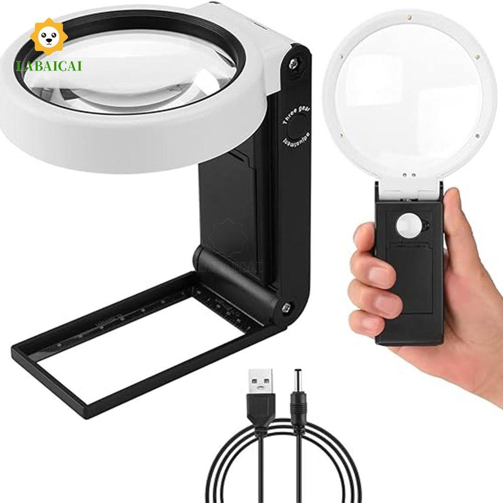 LABAICAI Kính lúp chiếu sáng LED LABAICAI, chạy bằng pin hoặc kính lúp cầm tay USB có chân đế đèn, 2