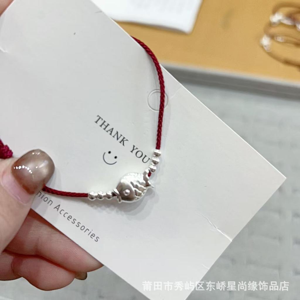 Popular~Pure Silver999"Fish every year" - Zodiac Year Red Rope Woven Fish Bracelet and Anklet for Wo