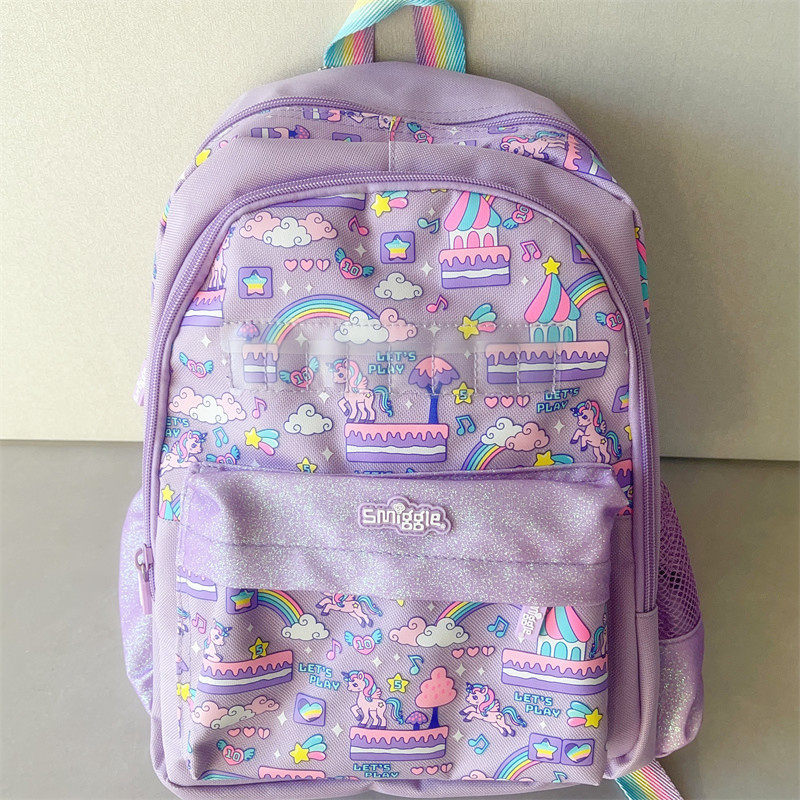 Úc Smiggle School Bag Tím Kỳ Lân Cầu Vồng Ba Lô Mẫu Giáo Lớp Một Ba Lô Dễ Thương