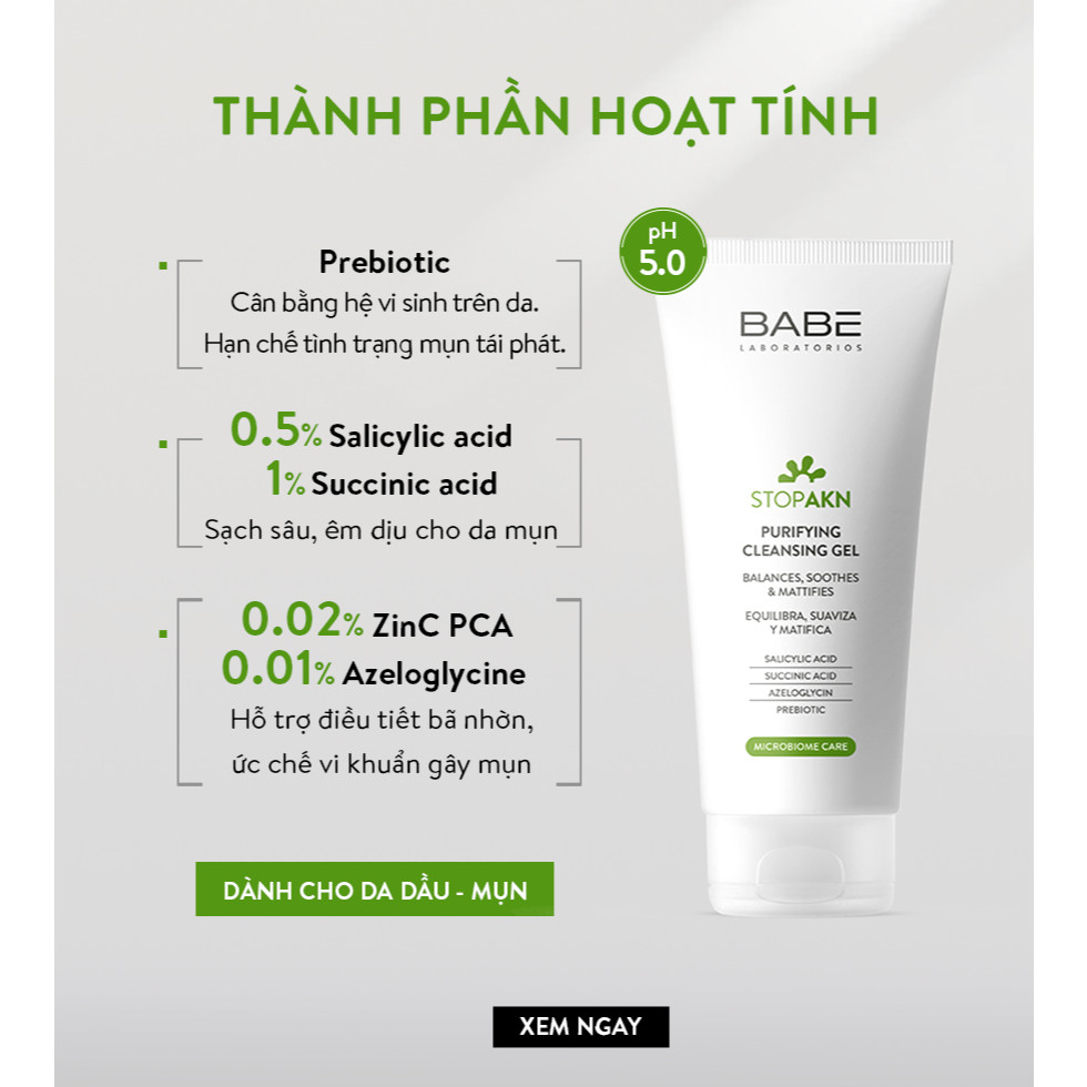 Sữa rửa mặt BABE Stop AKN Purifying Cleansing gel cho da dầu mụn 200ml | BigBuy360 - bigbuy360.vn