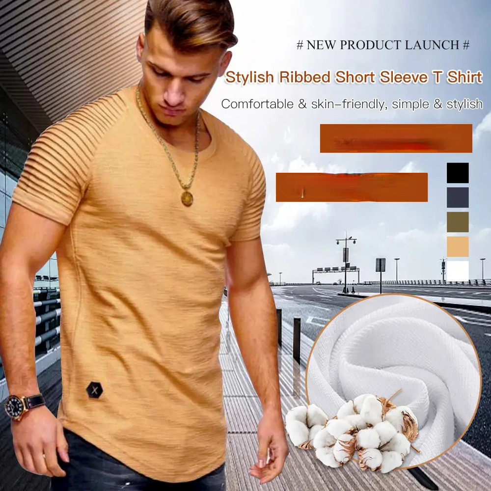 [Perfect for Gym] Men's Slim Fit T-Shirt / Striped Wrinkle Short Sleeve / Gym Workout Tee / Summer T
