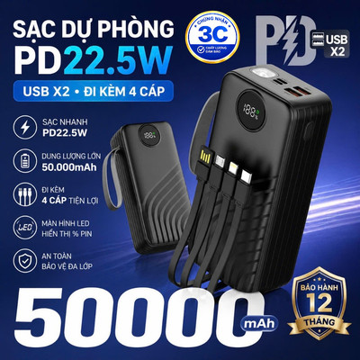 Sạc Dự Phòng 50000mAh Sạc Nhanh 22.5W Chứng Nhận 3C Dung Lượng Lớn Có Đèn Pin Tích Hợp 4 Dây Sạc Màn Hình Led