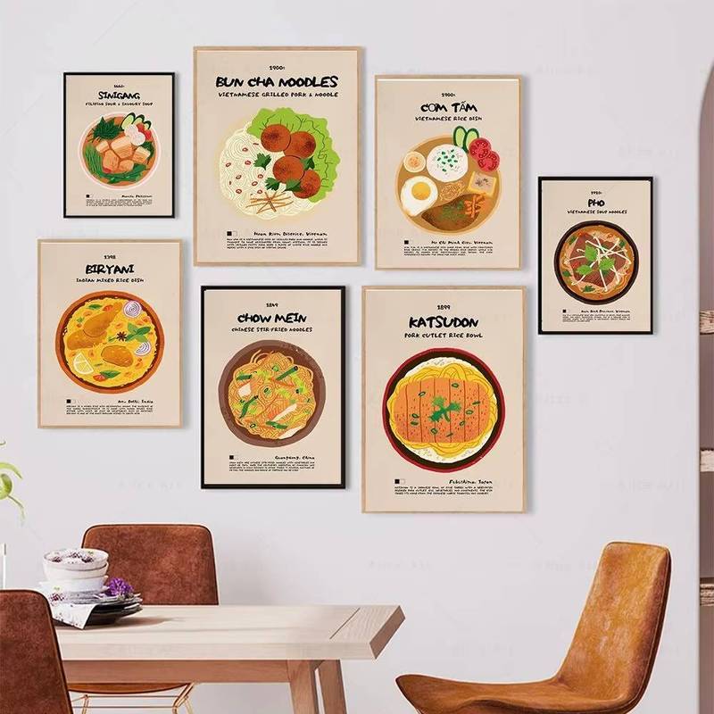 Vintage Asian Food Posters Korean Bibimbap Japanese Ramen Wall Art Canvas Painting Print Wall Pictur